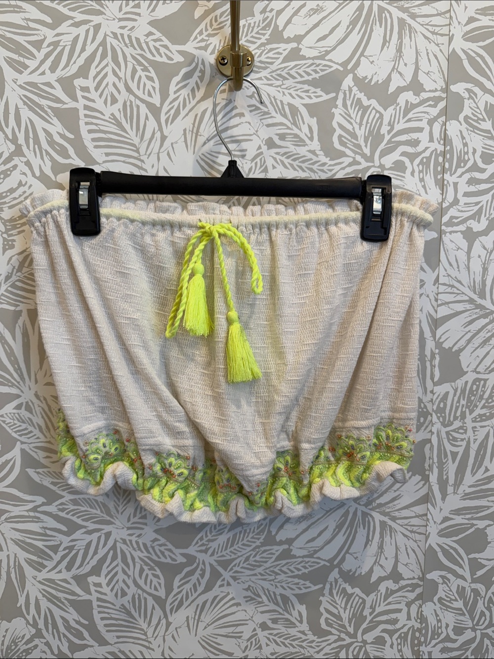 Free People Cream Tube Top with Neon Yellow Tassel and Embroidered Hem Large